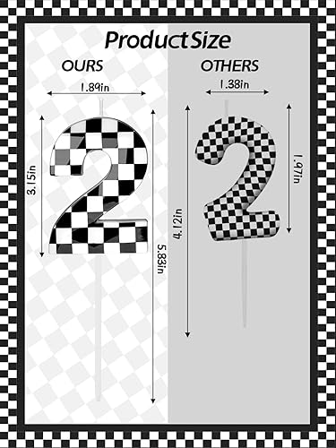 Miniatura 2 de Velas de cumpleaños de autos de carreras número 2, velas de número de cumpleaños a cuadros blancos y negros de 2.68 pulgadas, velas de números