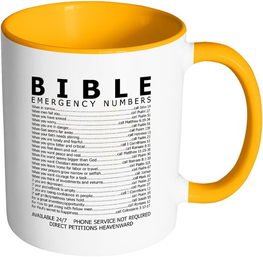 Bible Emergency Numbers Mug - Christian Gifts For Women & Men - Orange Accent Mug - by Mama Bear Threads