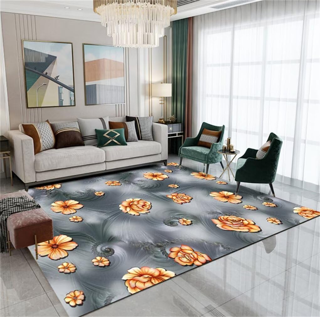 Tapis de chambre gris 120x170 cm doux et antidérapant avec motif floral tridimensionnel