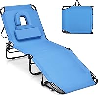 Vista 8 de GYMAX Silla de bronceado, silla de playa de 350 libras con orificio facial, almohada lavable y correa de transporte, tumbona plegable ajustable