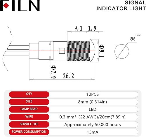Miniatura 2 de 10 luces indicadoras LED de 0.315 in (516 pulgadas), luz indicadora LED de 110 V, luces piloto piloto de 110 V rojo, verde, amarillo, azul, blanco,