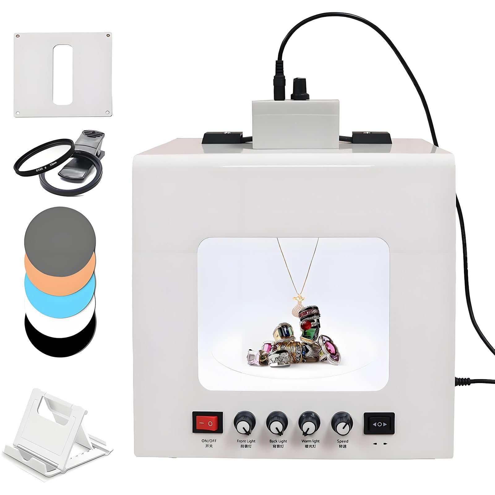 Profesjonalny Zestaw Light Box do Fotografii Biżuterii z 360° Regulowanym Stojakiem Obrotowym – Premium Konfiguracja Studia Fotograficznego, Konfigurowalna Prędkość i Temperatura Barwowa TB200