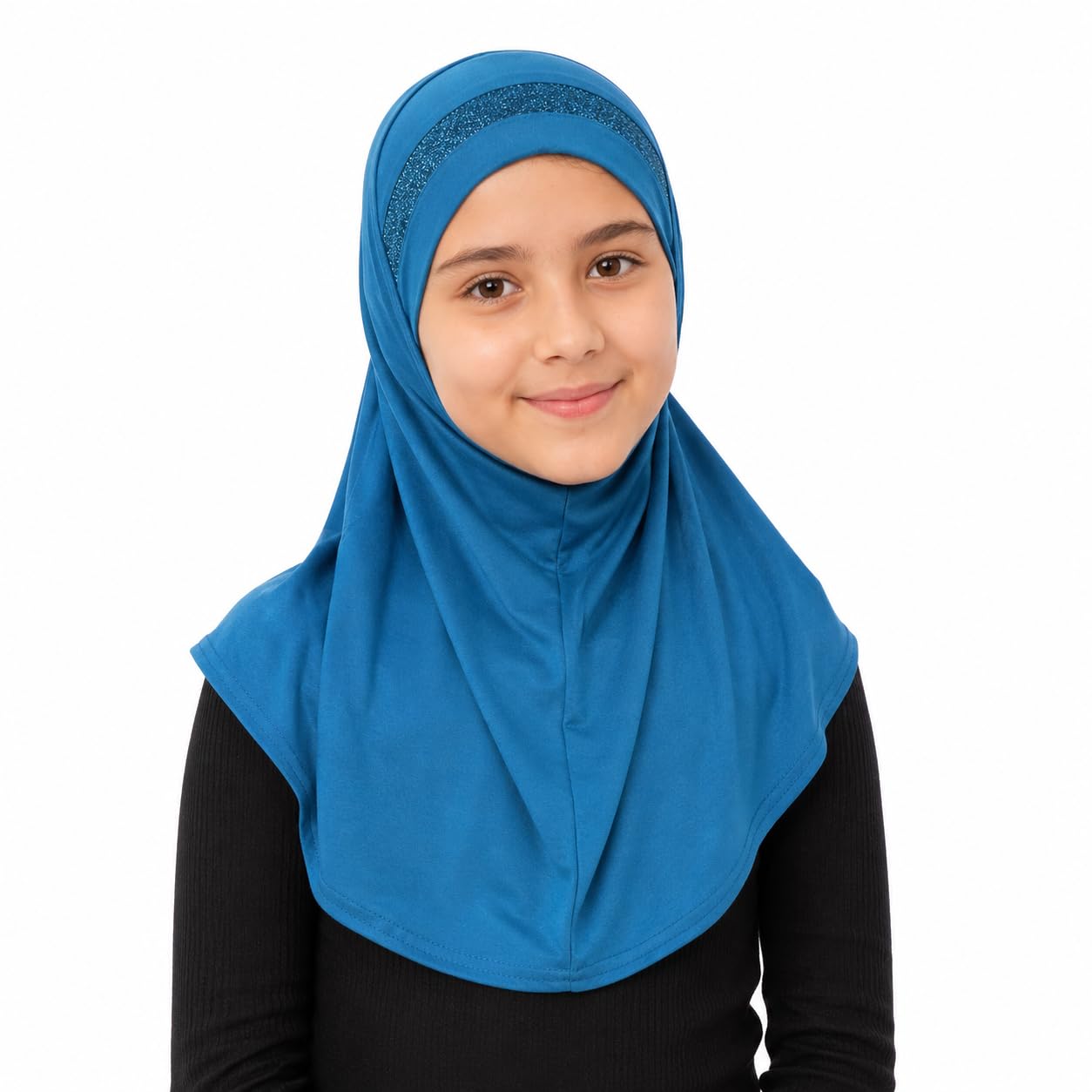 Yaqeen Girls instant headscarf hijab al Amira with glitter borde, readymade pull on scarf, ideal for any occassion school/nursery (Teal)