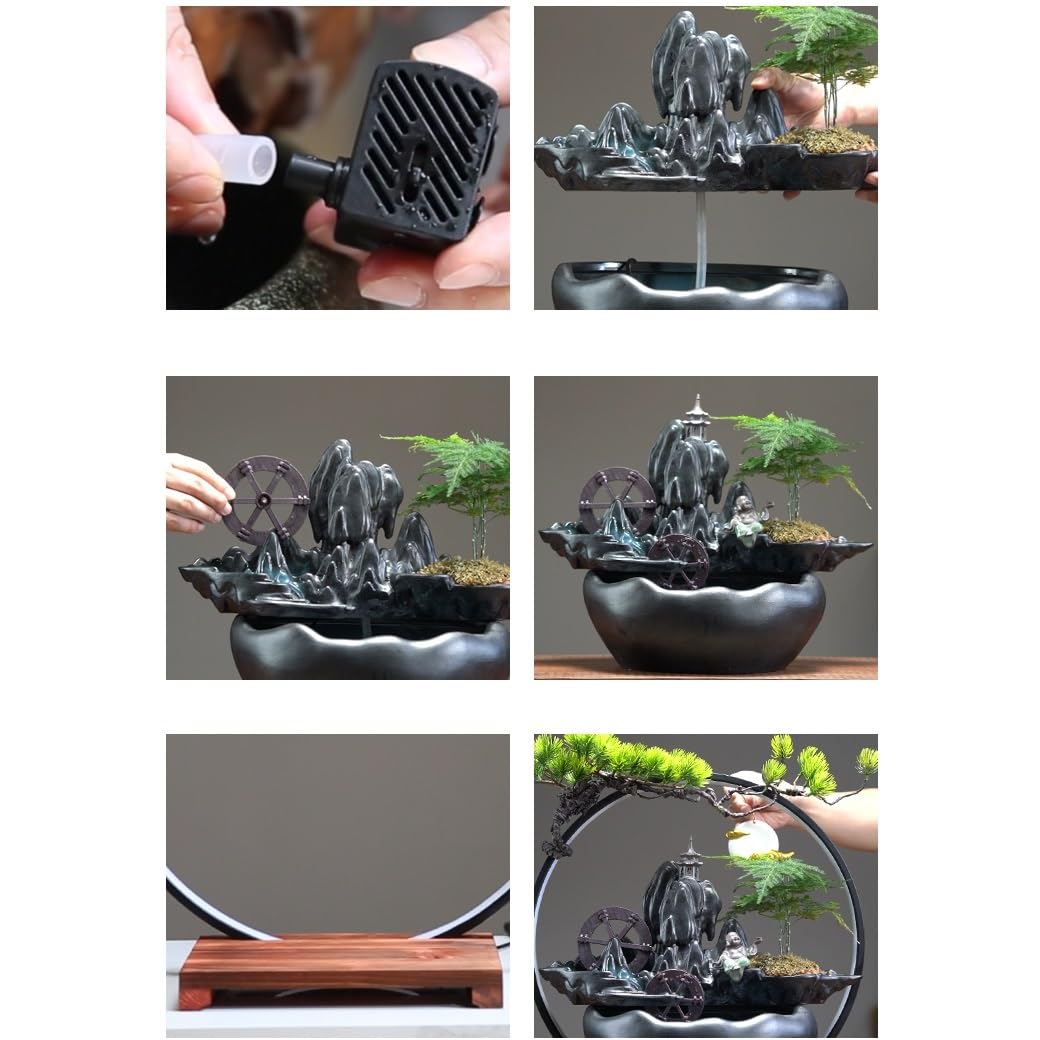Fuente Decorativa de jardín, Fuente de Agua con Cascada, de cerámica, con función humidificadora, Rueda de Agua, Feng Shui Zen, decoración para salón, Dormitorio, Oficina, 49 x 12 x 50 cm