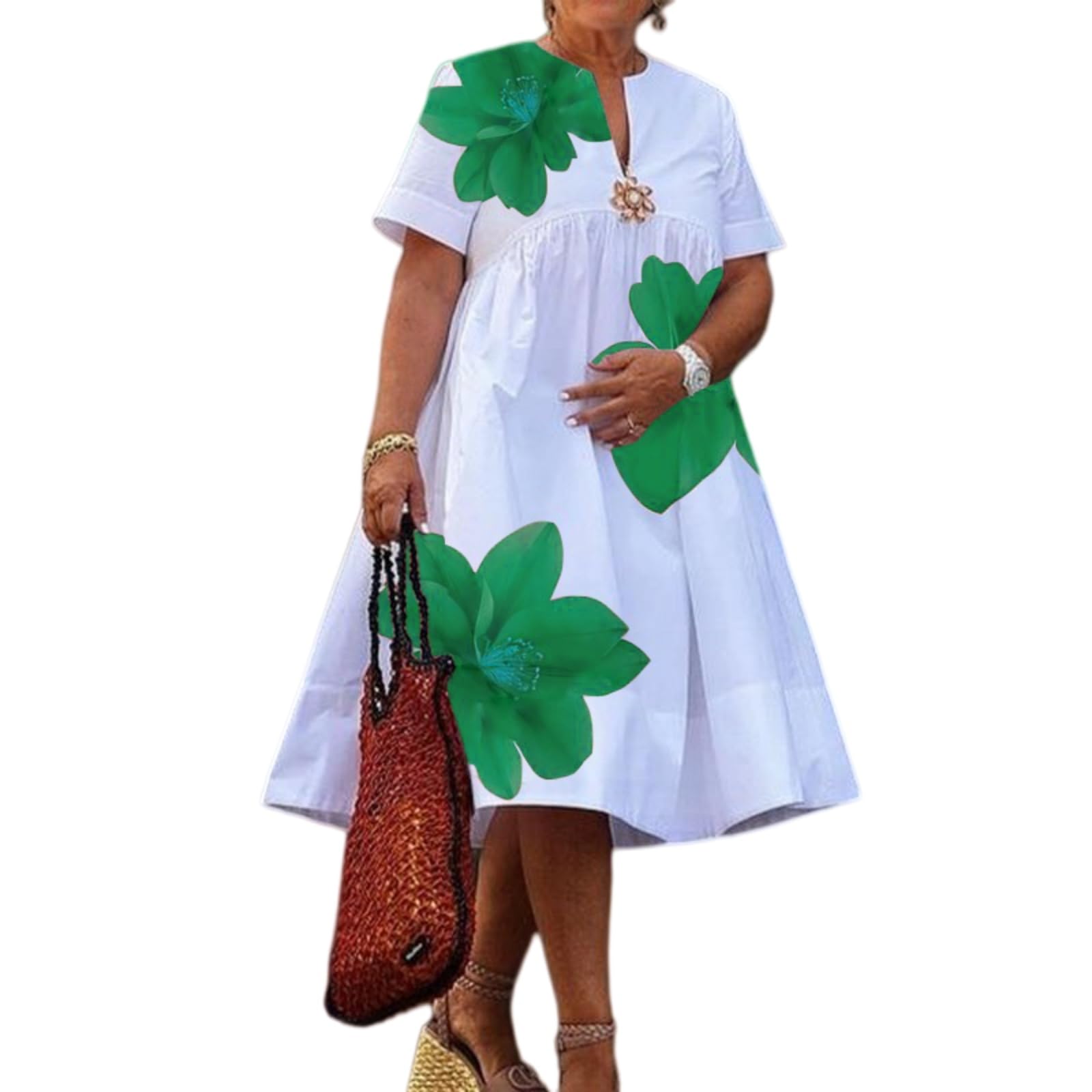 Vestito Elegante Donna Fiore Midi Abito V Collo Manica Corta Piegato Sciolto Vacanza Estivo Casual-Light Green-XXL