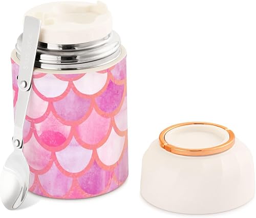 MCHIVER Tarro de comida de sirena rosa con cuchara de acero inoxidable aislado al vacío, contenedor de alimentos de 17 onzas para comida caliente