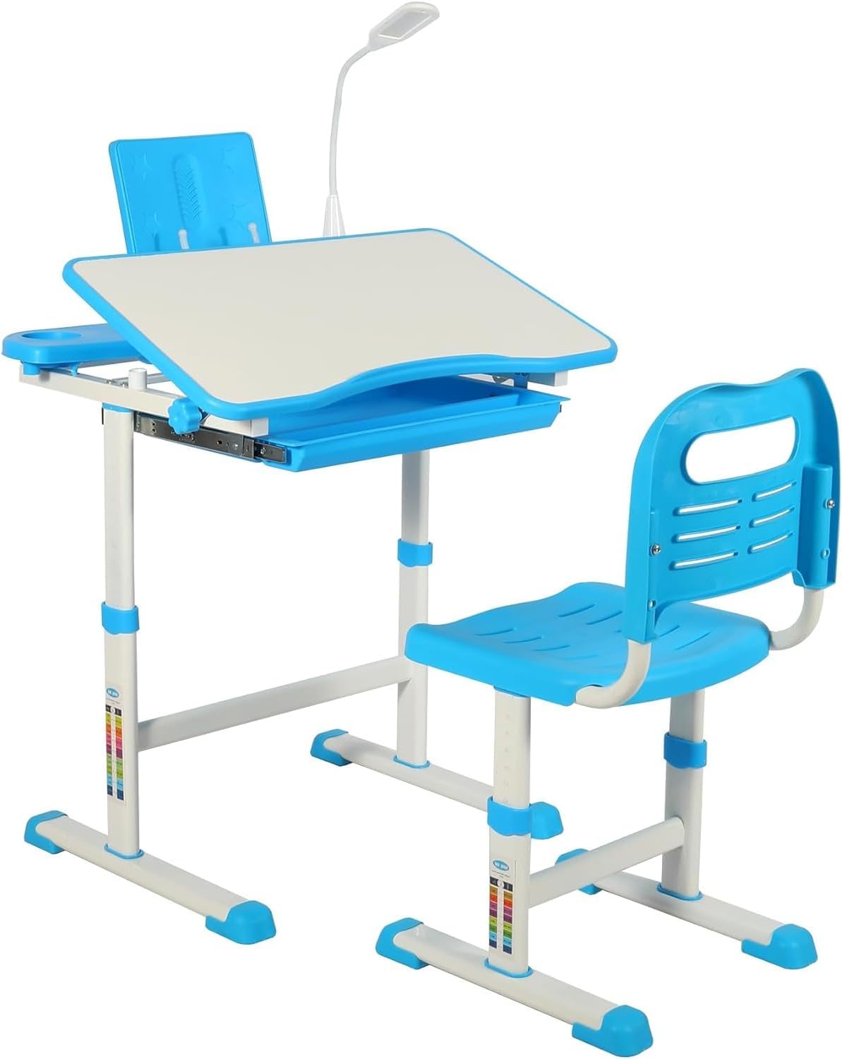 Domaker Adjustable Student Desk and Chair Set, 3-15 Kids School Desk with Drawing Tilt Desktop/LED Light/Cup Holder/Bookstand/Storage Drawer, Study Desk for Boys & Girls (Blue-1)
