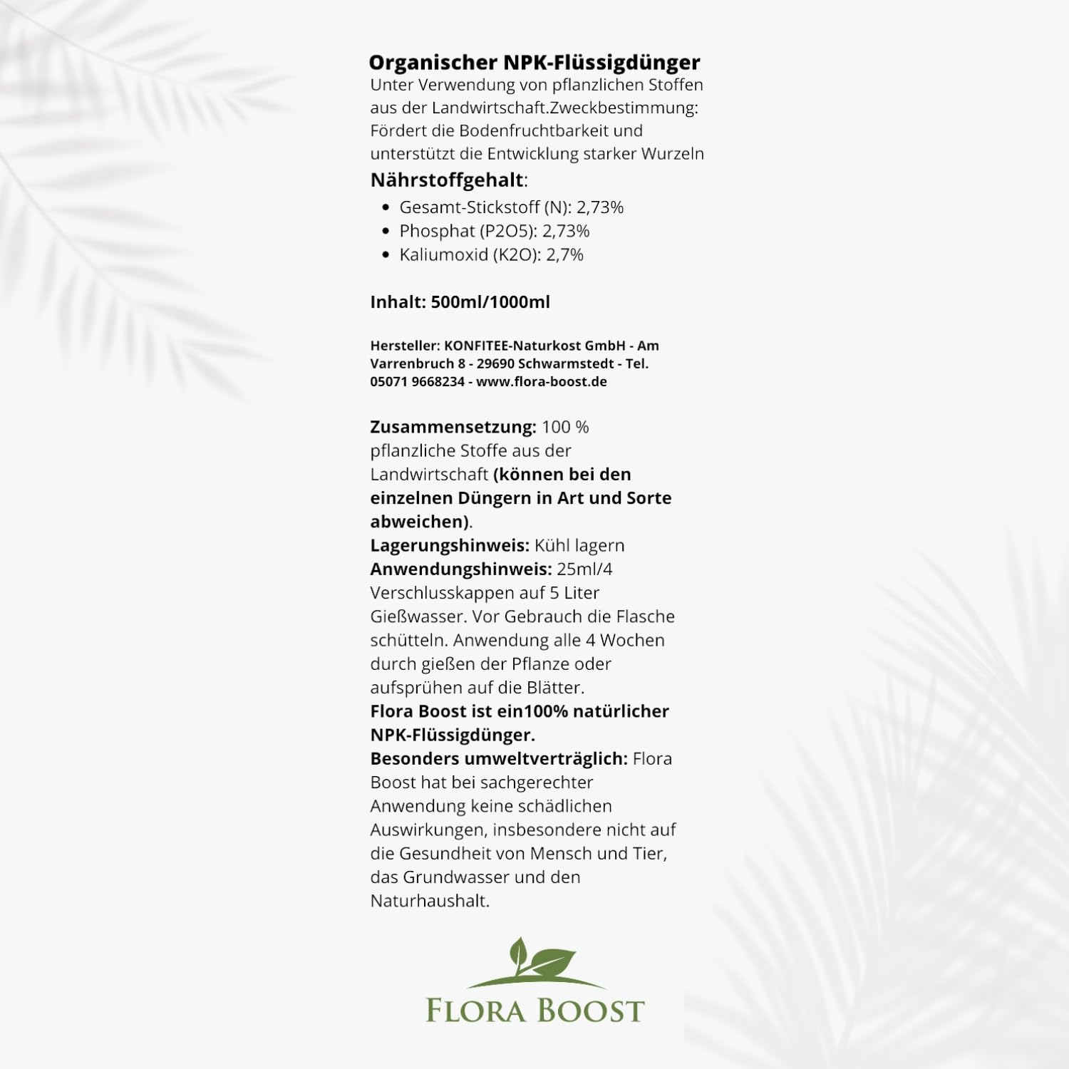 Konfitee Yucca Palmen Dünger Flora Boost 5000ml I Für bis zu 1000L Gießwasser I Zimmerpflanzen Dünger für Palmlilien I Flüssiger Blatt- & Wurzeldünger I 100% natürlicher Pflanzendünger