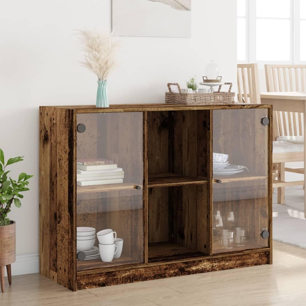 Kredens o wyglądzie starego drewna 102 x 37 x 75,5 cm, materiał drewnopochodny, szkło, z 6 półkami, miejsce do przechowywania książek, jako szafka bufetowa