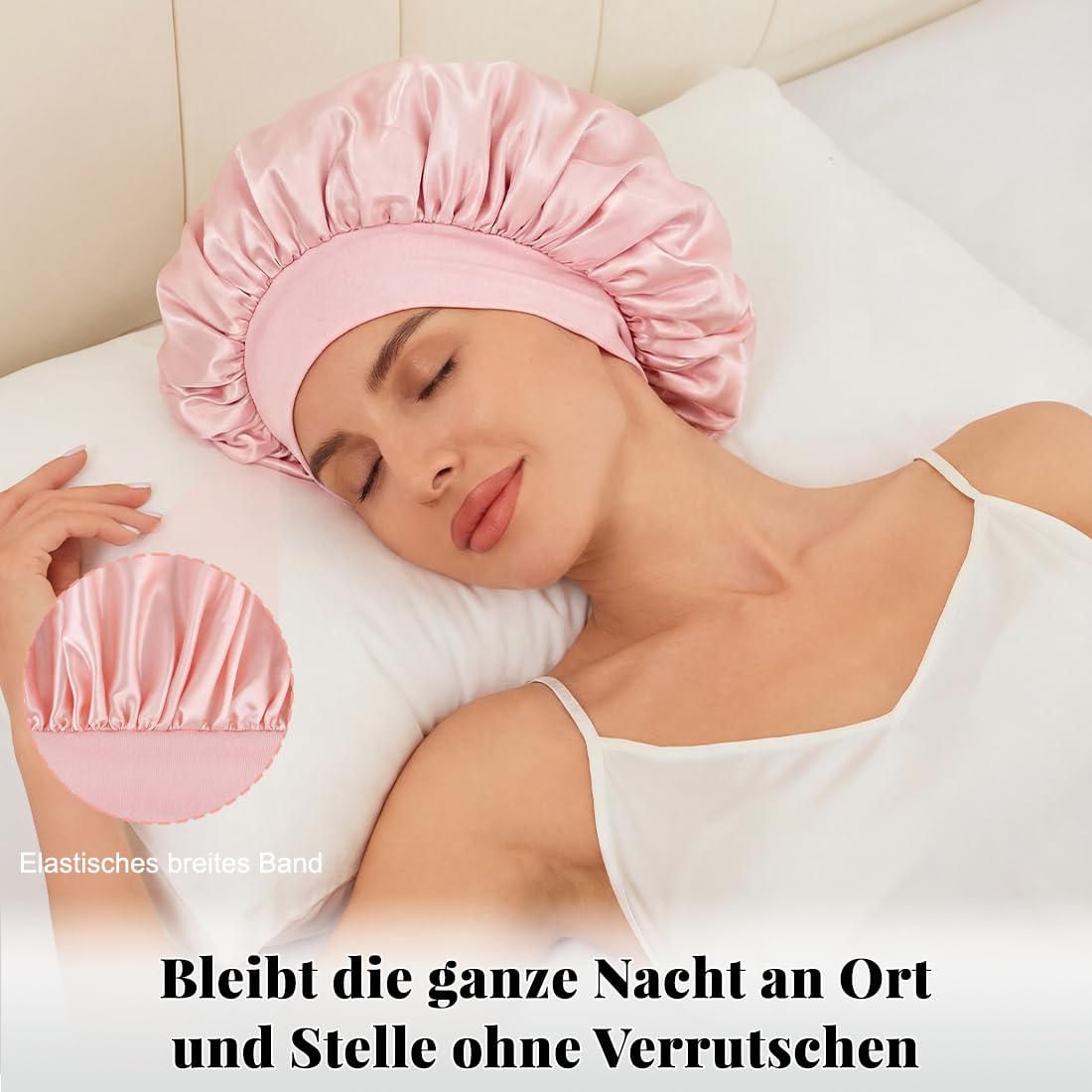 Satin-Seidenhaube zum Schlafen für Damen, Haarhaube zum Schlafen mit Gummiband, große Seidenhauben für Männer und Frauen, lockige Haarzöpfe (schwarz + rosa), 2 Stück