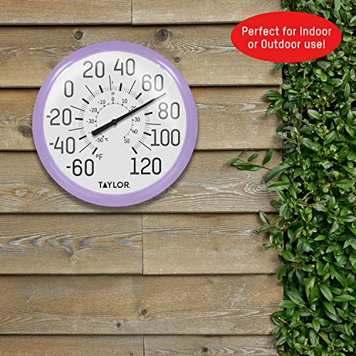 Image of Taylor Big and Bold Wall Dial Thermometer, Indoor Outdoor Thermometer, Wireless Thermometer with Easy to Read Numbers for Patio, Pool, Garage and Indoor Areas, 13.25-inch, Lilac