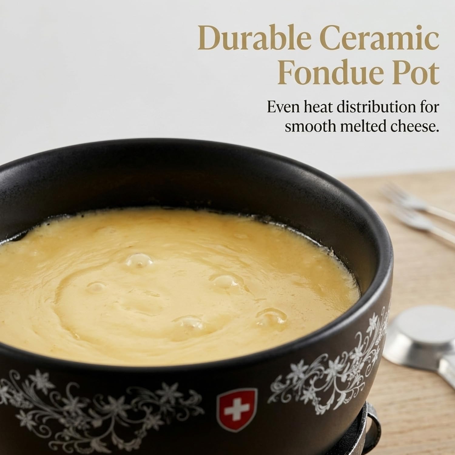 Artestia Cheese & Chocolate Fondue Pot Set, 2.1 Quart Ceramic Swiss Design Fondue Set for 6 with Burner & Forks, Stove Top Safe, Perfect for Party, Family Gathering & Gift - 4