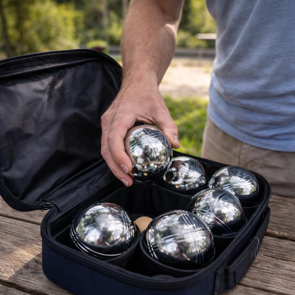 SHOP-STORY Jeu de Pétanque en Métal – 6 Boules avec Housse de Transport, Cochonnet et Cordon de Mesure – Loisirs Extérieurs