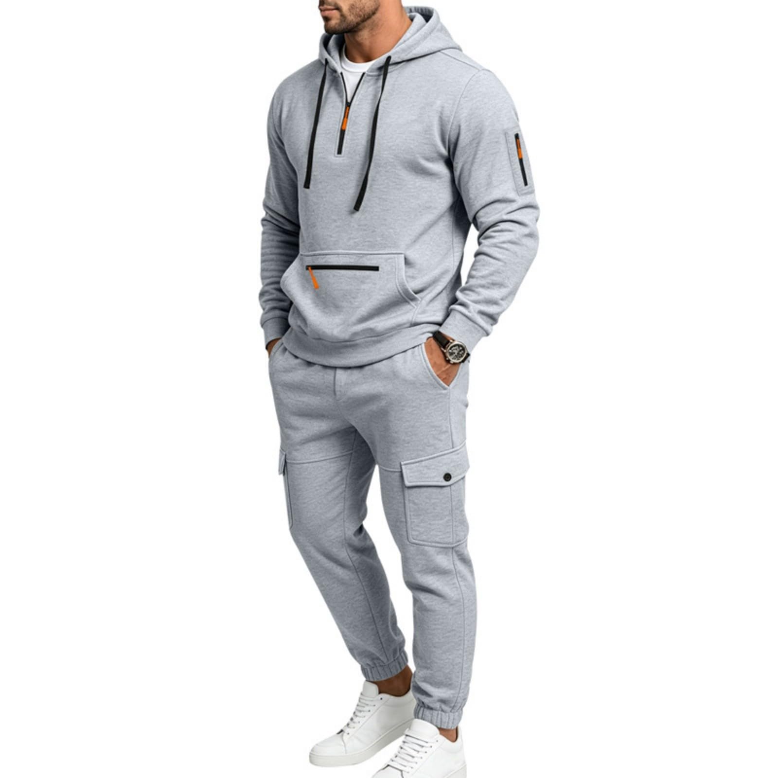Tuta da uomo con cappuccio e pantaloni della tuta cargo con mezza zip