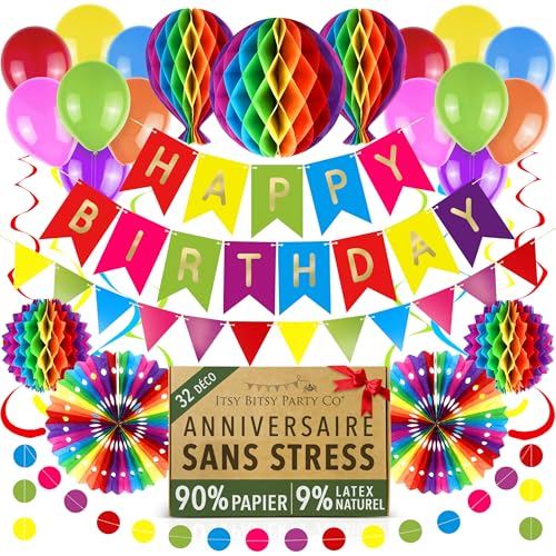 Réutilisable Multicolore Kit Anniversaire Ballons– Décoration en Papier, Banderole Joyeux Anniversaire, Guirlande Fanion, Déco Fête Adulte et Enfant, 32...