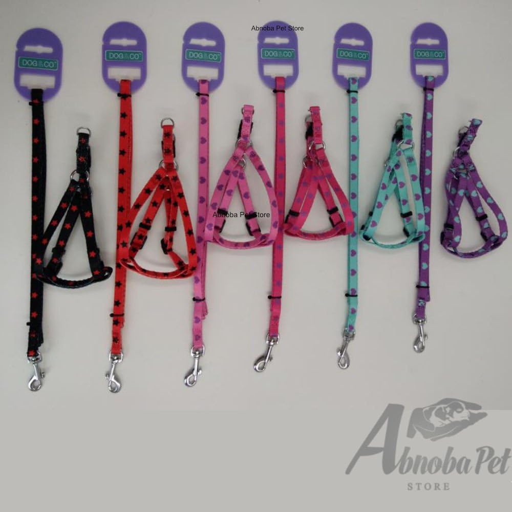 (Pink - Purple Stars) Small Dog / puppy Stars or Hearts Lead & Harness Set (Match our Whelping Collars Puppy Pack) 28-38cm