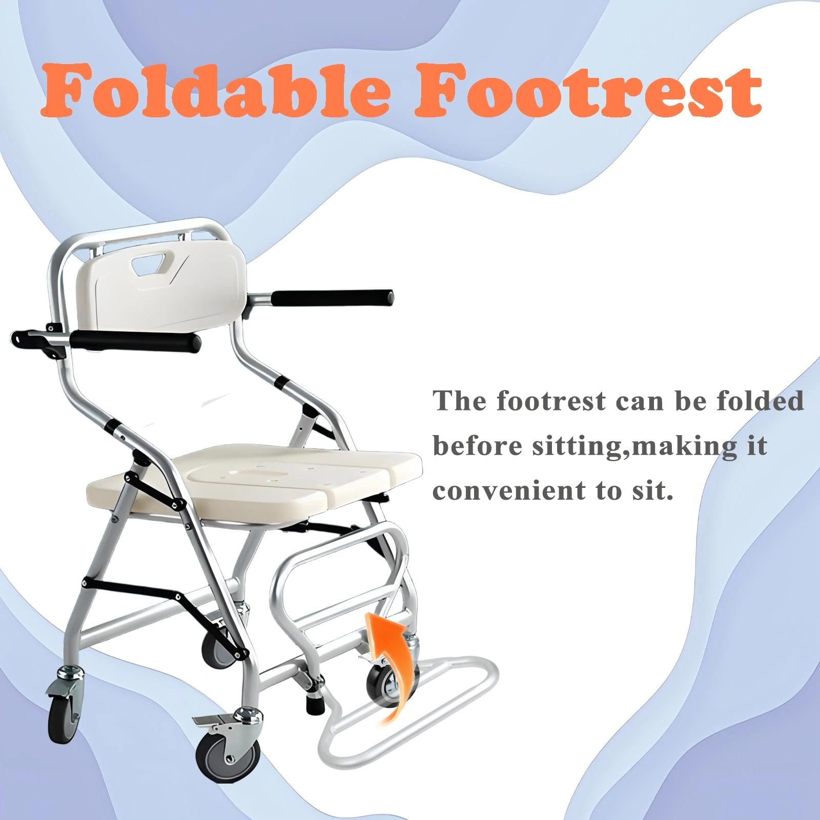 Sedia da Doccia con Rotelle, Sedia WC Doccia con Rotelle Pieghevole, Bianco Sedia da Toilette Mobile per Malati, Disabili e Incinte, Sgabello Doccia con Braccioli e Schienale, Carico 120 kg
