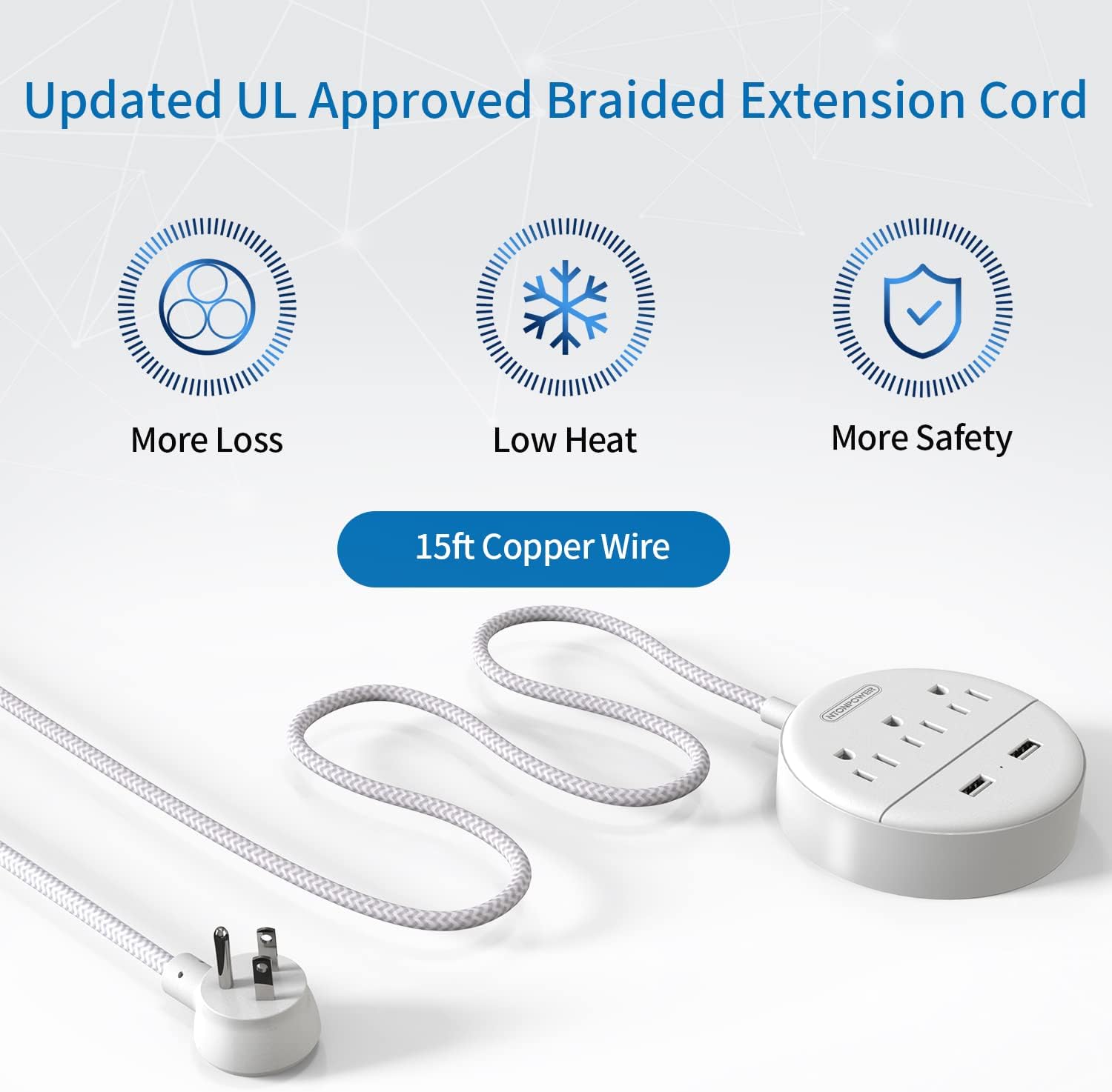 NTONPOWER Braided Extension Cord 15 ft, Flat Plug Power Strip with USB, Compact Nightstand Desktop Charging Station with 3 Outlets 2 USB Ports, Wall Mount for Dorm Nightstand Desk, White