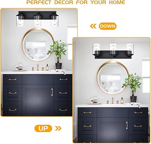 Miniatura 3 de BONLICHT Moderna lámpara de tocador de 3 luces color negro para baño, lámpara de pared sobre espejo con pantalla de vidrio transparente, aplique de