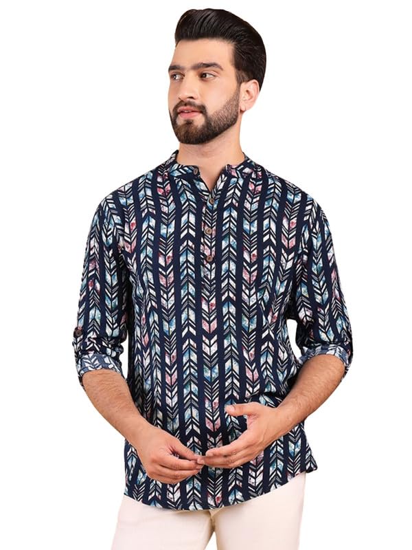 Men's Viscose Chevron Printed Short Regular Kurta(MSKU1006BLU)