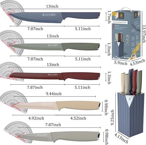 Miniatura 6 de Juego de cuchillos, 6 cuchillos de cocina codificados por colores con bloque, juego de cuchillos de chef de acero inoxidable con revestimiento