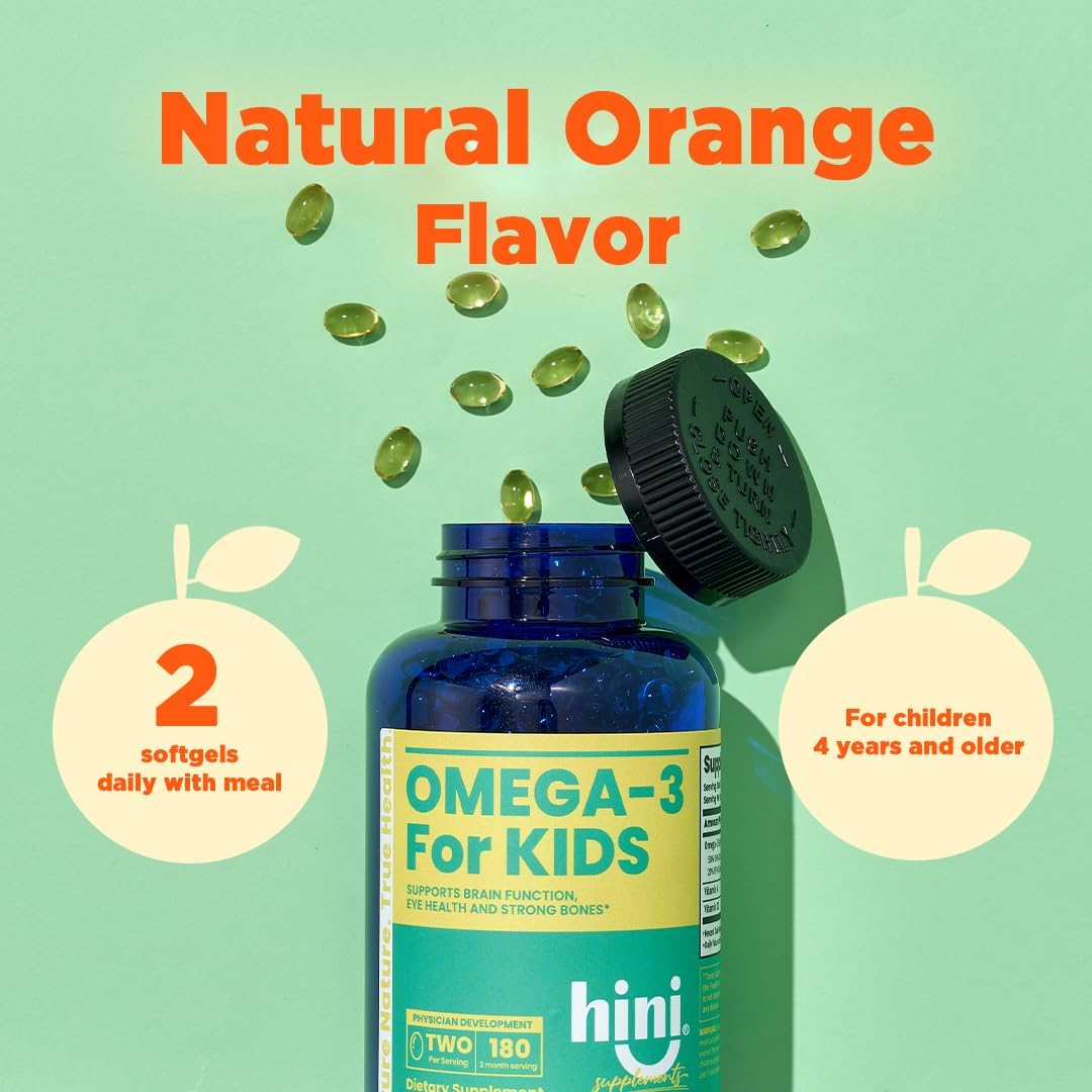 HINI Omega-3 for Kids- Omega 3 DHA Vitamins, Immunity Kids, Omega Vitamins for Brain & Eye Health and Strong Bones Support, 2 per Serving /180 Serving