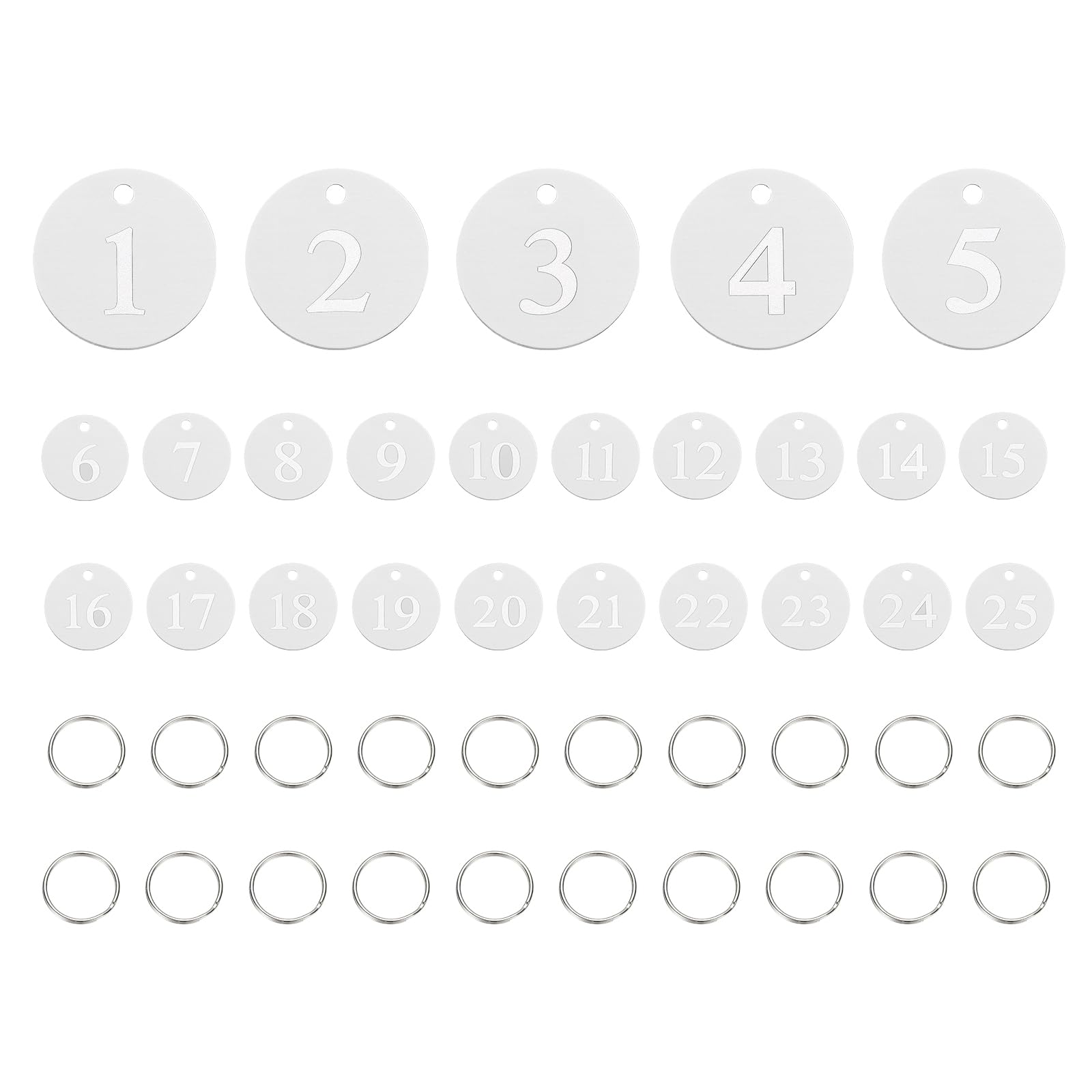 PATIKIL 25PCS Number Tags 1-25, Table Number Key Tags Aluminum Numbered Keychain Metal Round with Key Rings for Organizer Field Sales Hangers Clothes Labels ID, Silver