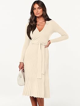 ANRABESS Women's 2024 Long Sleeve Sweater Dress Wrap V Neck Pleated Ribbed  Knit A Line Belted Tie Waist Midi Dress Beige Small at Amazon Women's  Clothing store