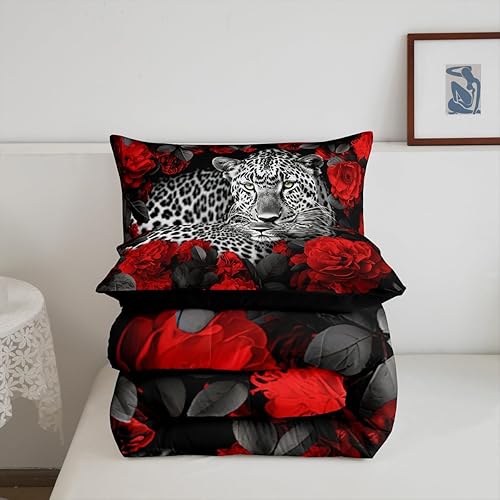 Miniatura 5 de Erosebridal Juego de edredón de guepardo 3D, juego de ropa de cama con estampado de leopardo y rosa roja para mujer, edredón romántico de plumón con