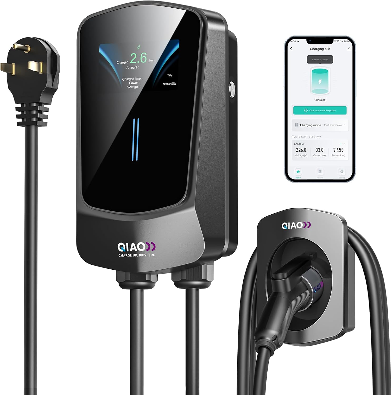 QIAO Level 2 EV Charger, Up to 40A Electric Car Charger, Wi-Fi Bluetooth APP Enabled EVSE, 4.3in Display, 25ft Cable, NEMA 6-50 Plug Charge Station Compatible with All SAE J1772 EV Models Black