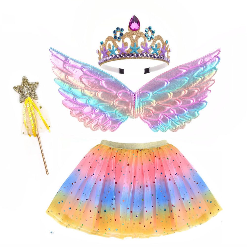 ZJstyle Girls Princess Costume Kids Fancy Dress Girls Fairy Costume Set Princess Tutu Skirt Fairy Dress Up Fantasy Costumes Play with Wings, Wand, Headband & Tutu Fairy Set for 3-8 Years (Pink) - Image 3
