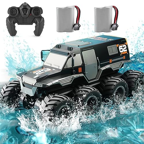 KB KAIBO 2 Battery 8WD Rc Cars for Boys Age 8-12，2.4G Off Road All Terrain Amphibious Rc Truck，remote Control Boat, Top Christmas Gifts 2025 for Kids-Black