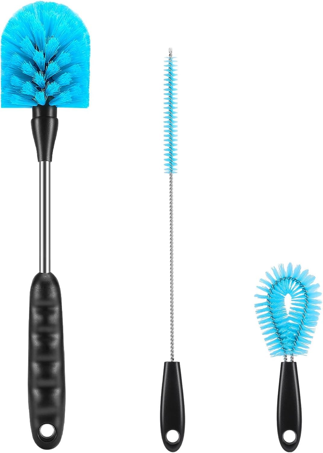3 Piece Bottle Cleaner Brush Set, 15 Inch Long Handle, Blue Bristles, for Narrow Neck Water Bottles, Baby Bottles, Tumblers, Straws, Coffee Mugs