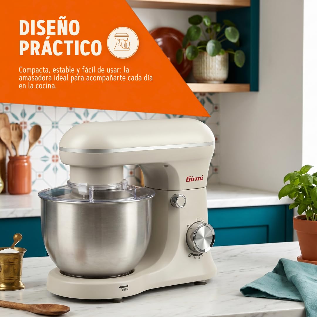 Girmi IM21W Batidora amasadora 5 L, 1500 W máx, 10 velocidades, Gesso | 1500 W máx., bol de acero inoxidable, 10 velocidades + Pulse y 3 accesorios para masas, cremas y preparaciones diarias