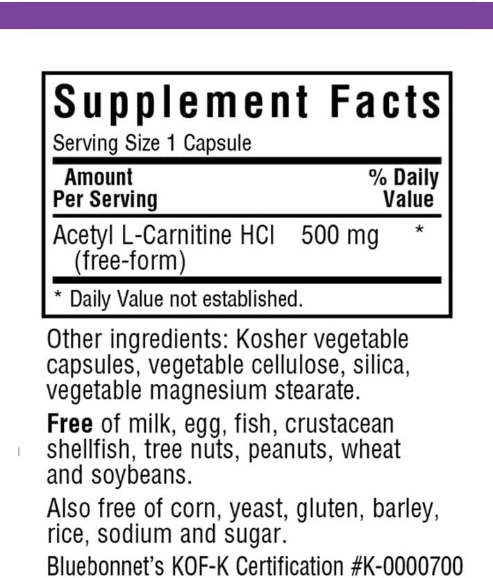 Bluebonnet Nutrition Acetyl L-Carnitine, Transports Fatty Acids, Boosts Cellular Energy, Soy & Gluten-Free, Kosher Certified, Vegan, 30 Vegetable Capsules, White, 500mg : Health & Household