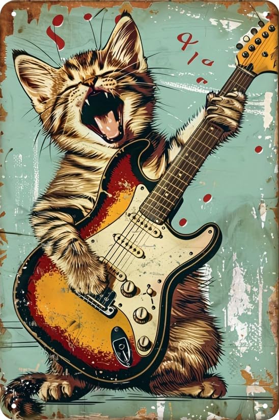 Vintage Cat Tin Sign,Retro Funny Musical Cats Metal Sign,GUitar CatWall Aesthetics and Decor for Home Kitchen Bar Pub Club Cafe Living Room Restaurant Shop Office 8x12 Inches (Music Cat)