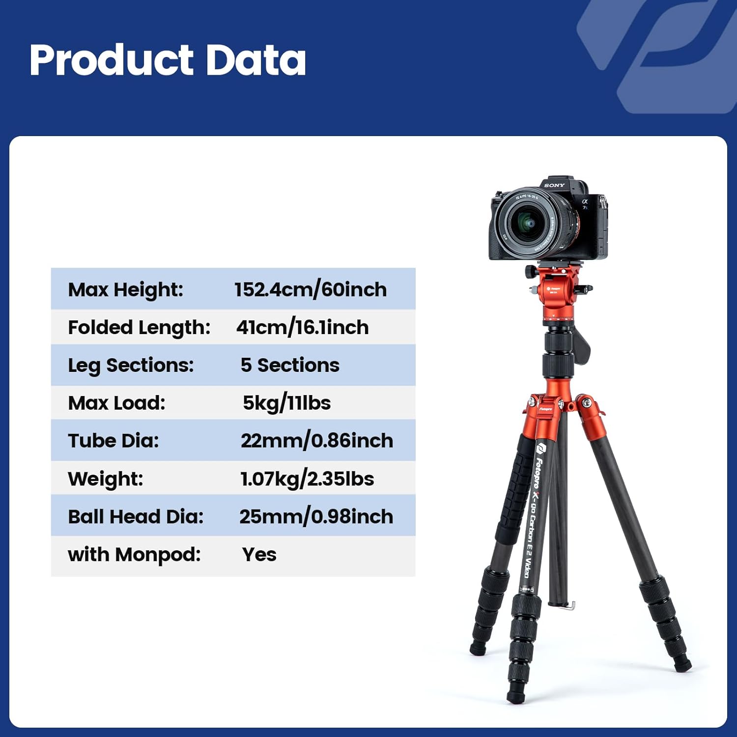 Fotopro 59" Carbon Fiber Travel Tripod, Compact Video Tripods with Fluid Head, Detachable Monopod with Arca-Swiss Quick Release Plate and Bag, Camera Tripod Load up to 8KG/17.63lbs, Orange