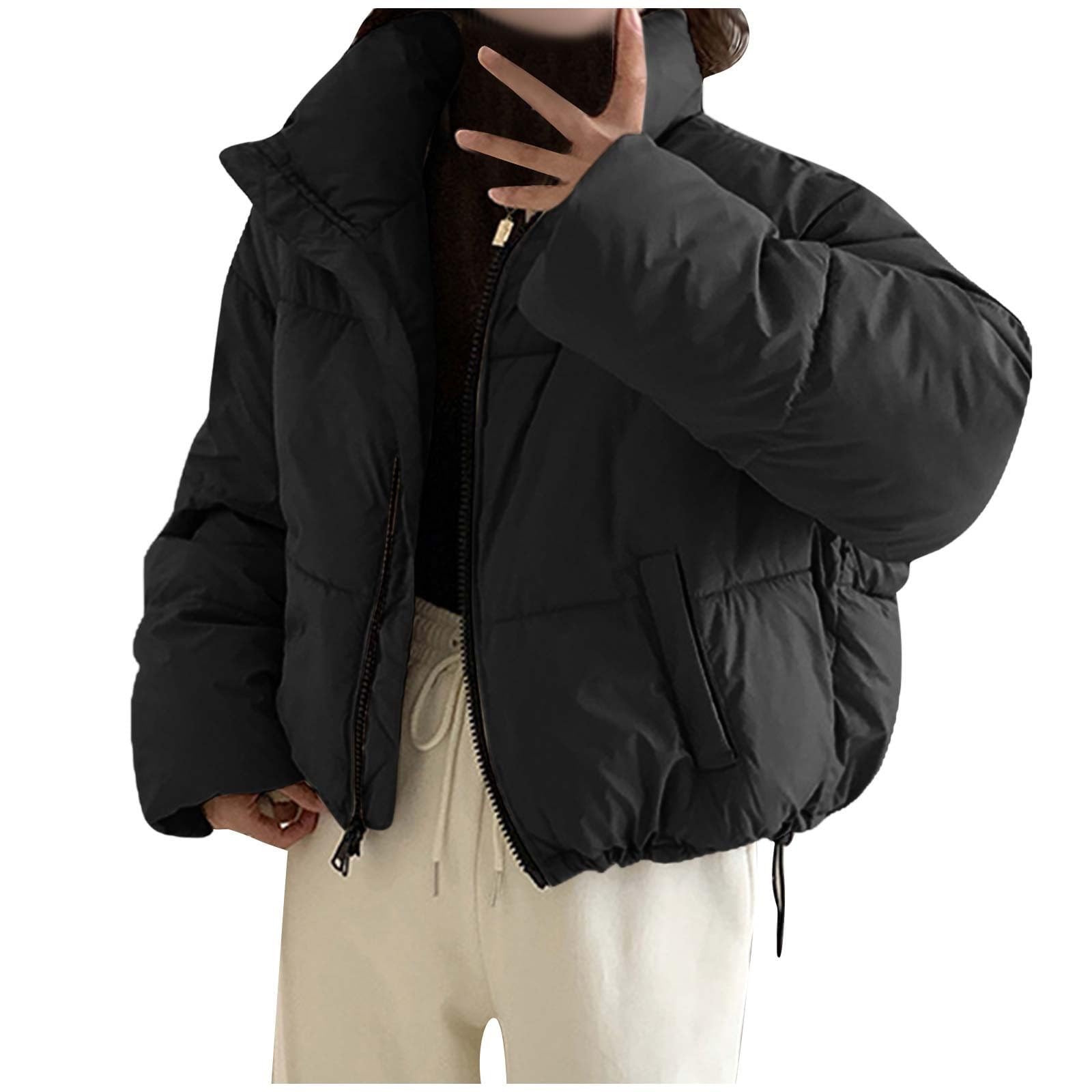 Niuvoo Unisex Black Womens Winter Baggy Fluffy Down Coats Warm Thicken Cotton-Padded Clothes Y2k Teen Girls Cropped Puffer Jacket Thermal Short Down Coats