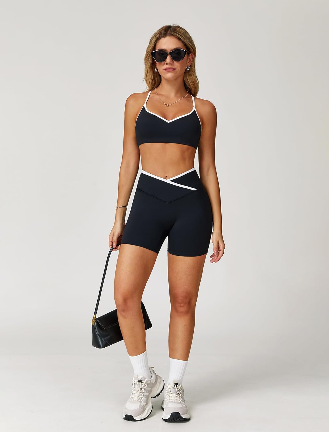 ABOCIW Workout Sets for Women 2 Piece Color Block Strappy Sports Bra Crossover High Waist Shorts Gym Yoga Pilates Outfits - Image 5