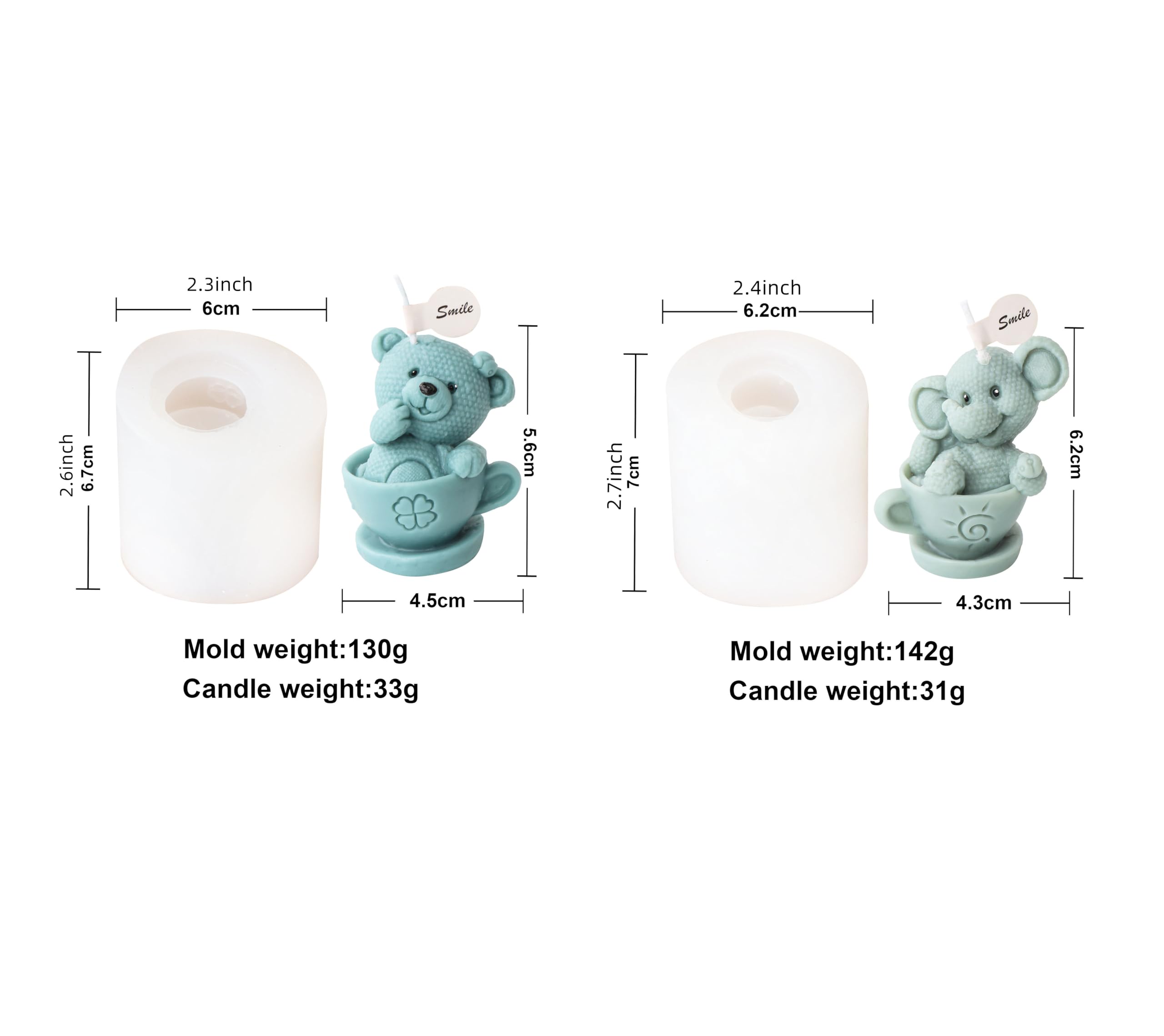 Xidmold 2 pezzi tazza elefante orso candela stampo 3D animale elefante orso stampo in silicone per fondente, cera di soia, sapone, gesso, resina epossidica, artigianato