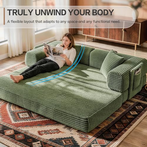 Image of AUGOP Boneless Couch Folding Couches for Living Room Sofa, Futon Sofa Bed with Sleeper Sofa, Futon Couch with Fixed-Shape Oversized Corduroy Upholstered (Green, 81 Inches)