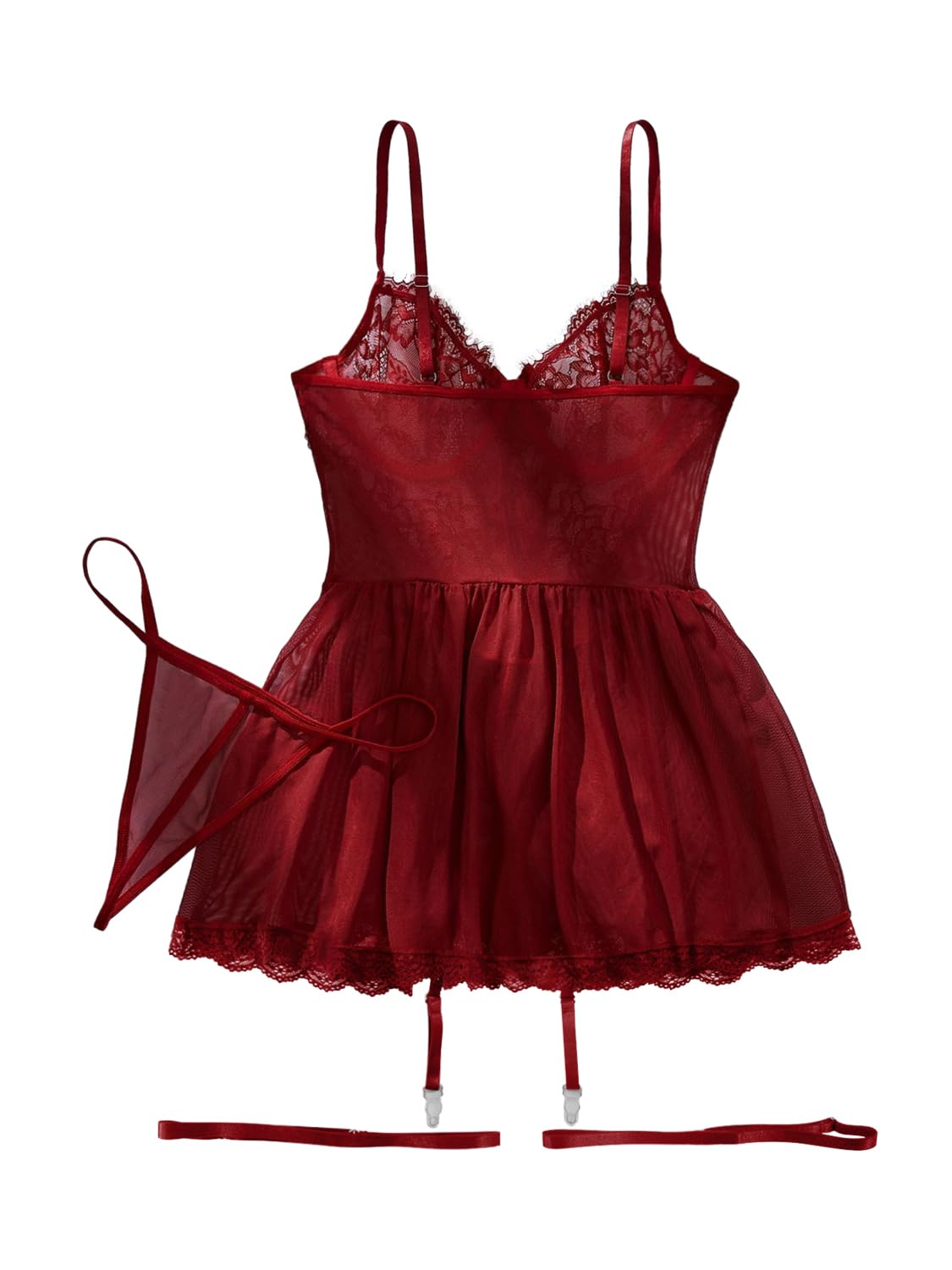 Lilosy Sexy Garter Belt Mesh Lace Babydoll Lingerie Dress Set with Thong: Wire Small Eyelash Wine Red