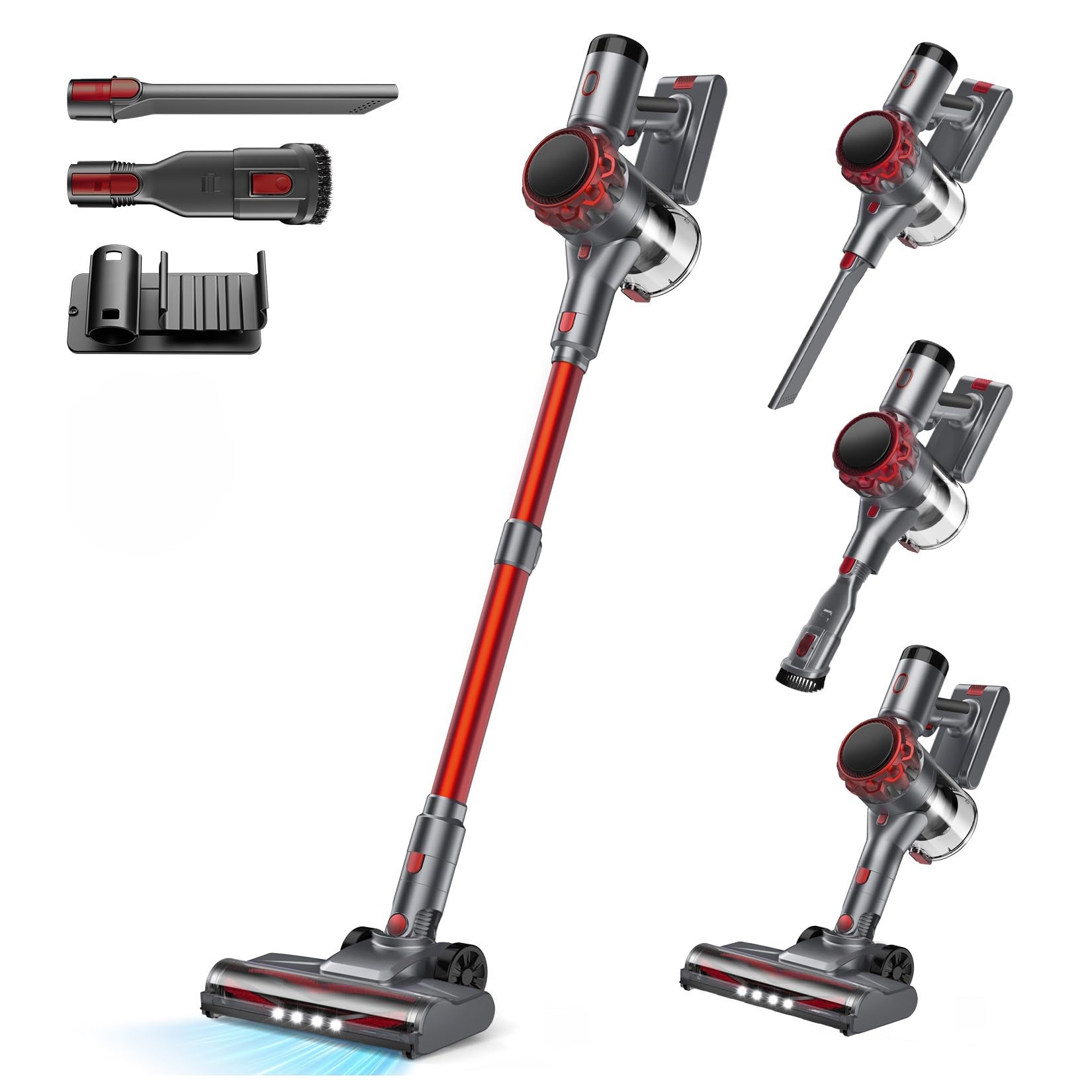 S3 Cordless Vacuum Cleaner, 45kPa Powerful Stick Vacuum, LED Display, 55-Min Runtime Rechargeable Cordless Vacuum, Free-Standing, Vacuum Cleaners for Home Pet Hair Carpet Hard Floor (Red)