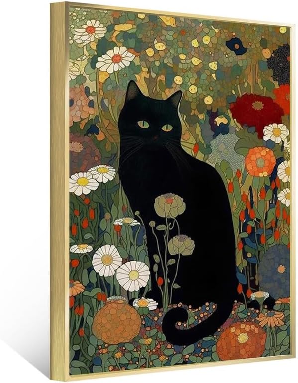 Cat Art Print, Gustav Klimt Black Cat In A Garden,Black Cat Art, Floral Print, Funny Cat print, Funny gift, Home decor Poster,Canvas Wall Art