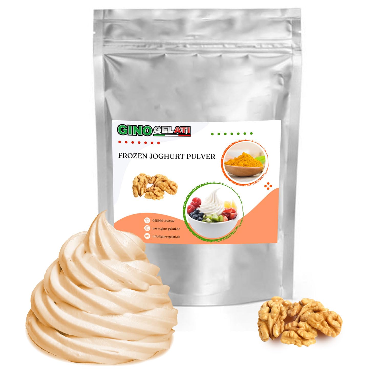 Gino Gelati Frozen Joghurt Pulver mit verschiedenen Nuss- Geschmäckern, Made in Germany, Herstellung kinderleicht ohne Eismaschine möglich, für Gastronomie und private Küche (1 Kg, Walnuss)