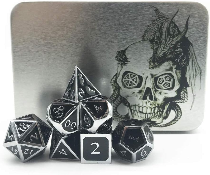 Truewon Metal Dice Set for DND, Zinc Alloy RPG Polyhedral Dices. (Silver Box 7 Dices S)