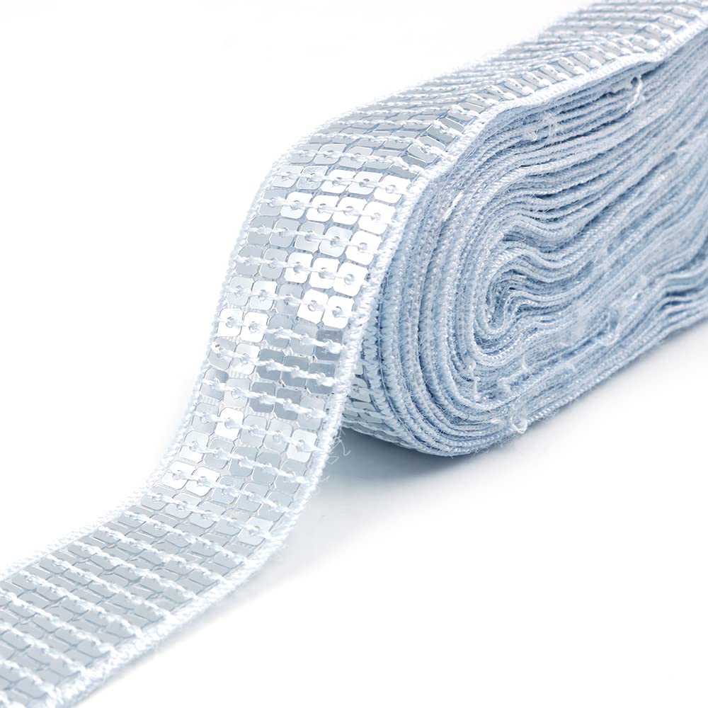 Cenpek Silver 20 Yards Elastic Sequin Flat Glitter Bling Paillette Fabric Ribbon Applique Trim Lace Band For Dress Embellish Headband, 25Mm Wide,