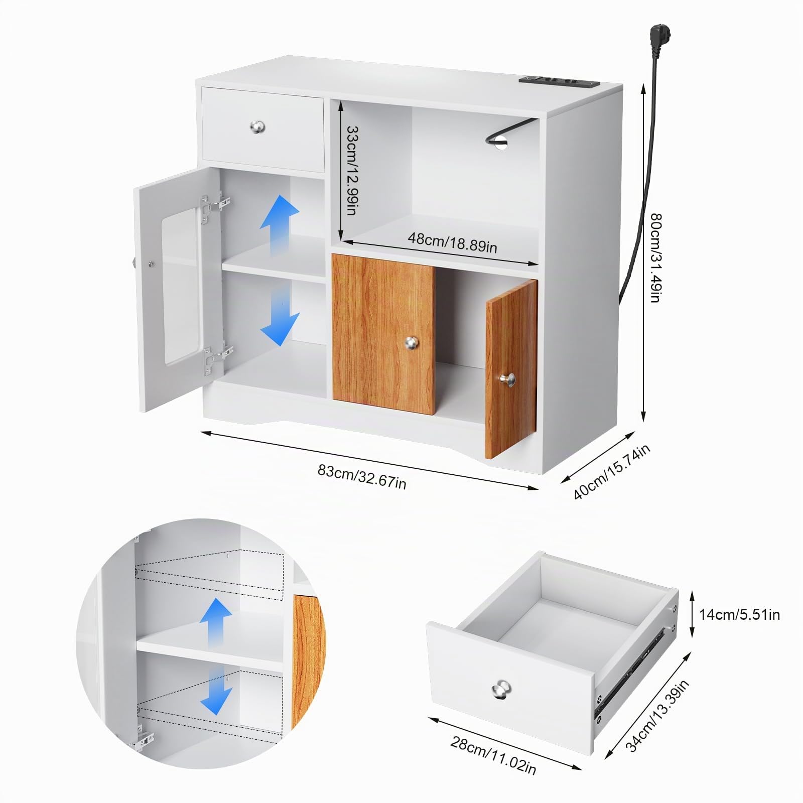 PIPIPOXER Credenza, Mobile da Cucina con Ante a Ripiani Regolabili per Microonde e 1 Cassetto, 3 Ante, Credenza Armadio da Cucina, Mobiletto Portaoggetti, Armadio di Stoccaggio in Legno, 80x40x83cm