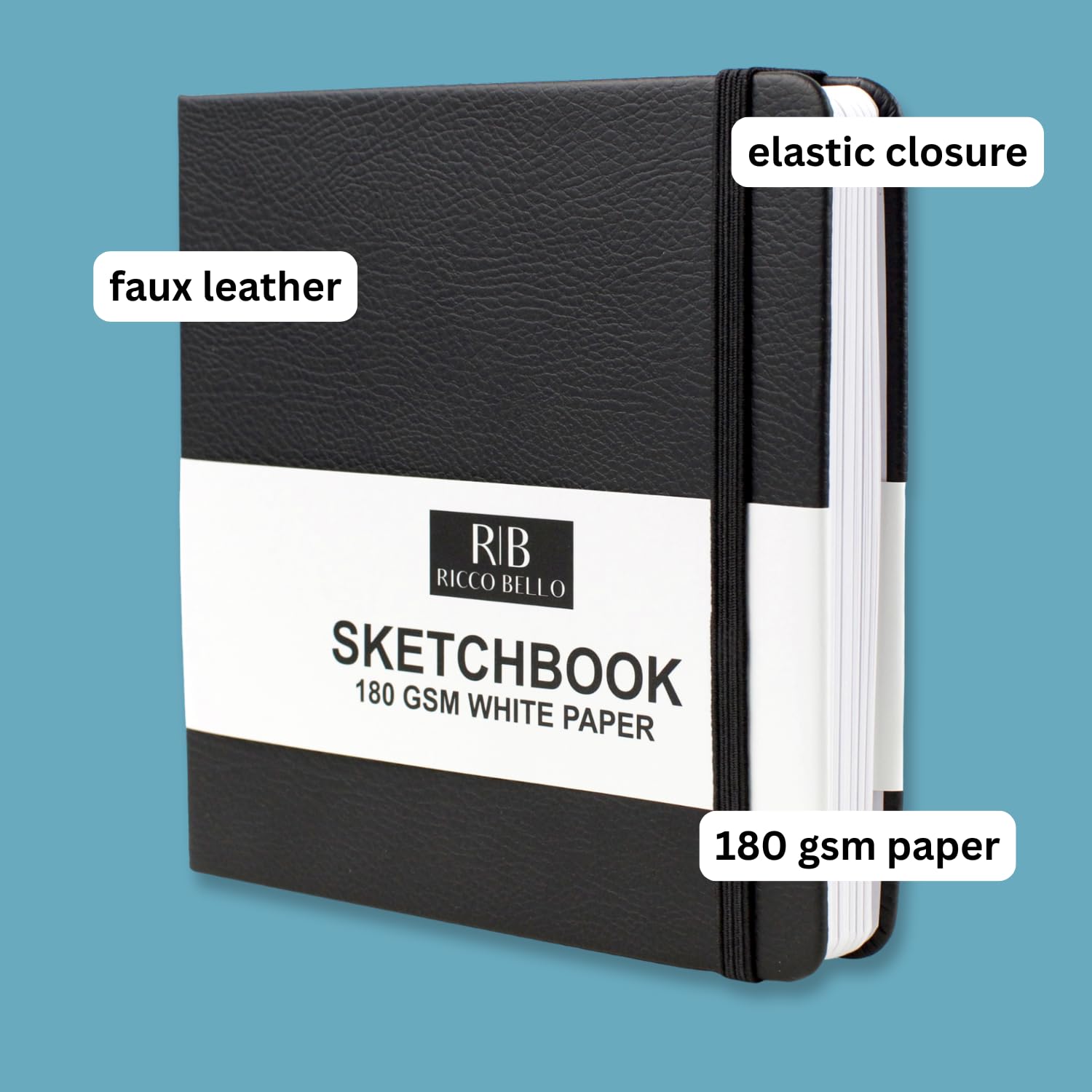 Ricco Bello Szkicownik artystyczny, twarda okładka, wegańska skóra, płaskie zapięcie, kieszeń do przechowywania, znacznik wstążkowy, bezkwasowy biały papier 180 g/m², 14 x 14 cm (czarny)
