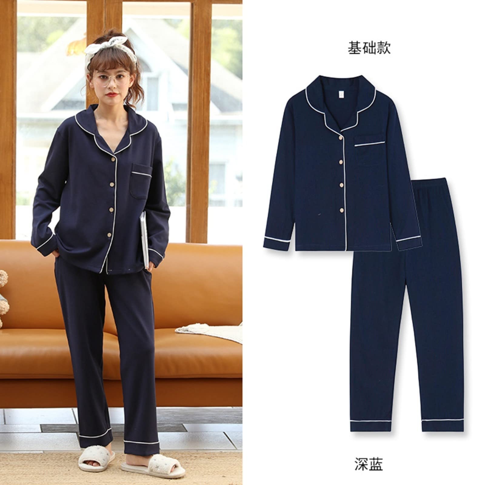 Pijamas de Franela de Invierno y otoño para Mujer y Hombre, Conjuntos de Pijama de otoño y 2 Piezas para Mujer, de algodón de Moda, de Manga Larga con Solapa, Sencillos, Azules, in